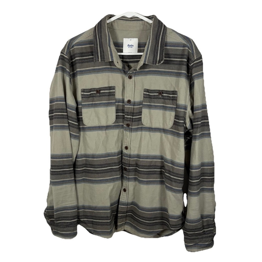 Katin Striped Flannel Shirt Long Sleeve Button Down Men L 100% Cotton Surfer EUC